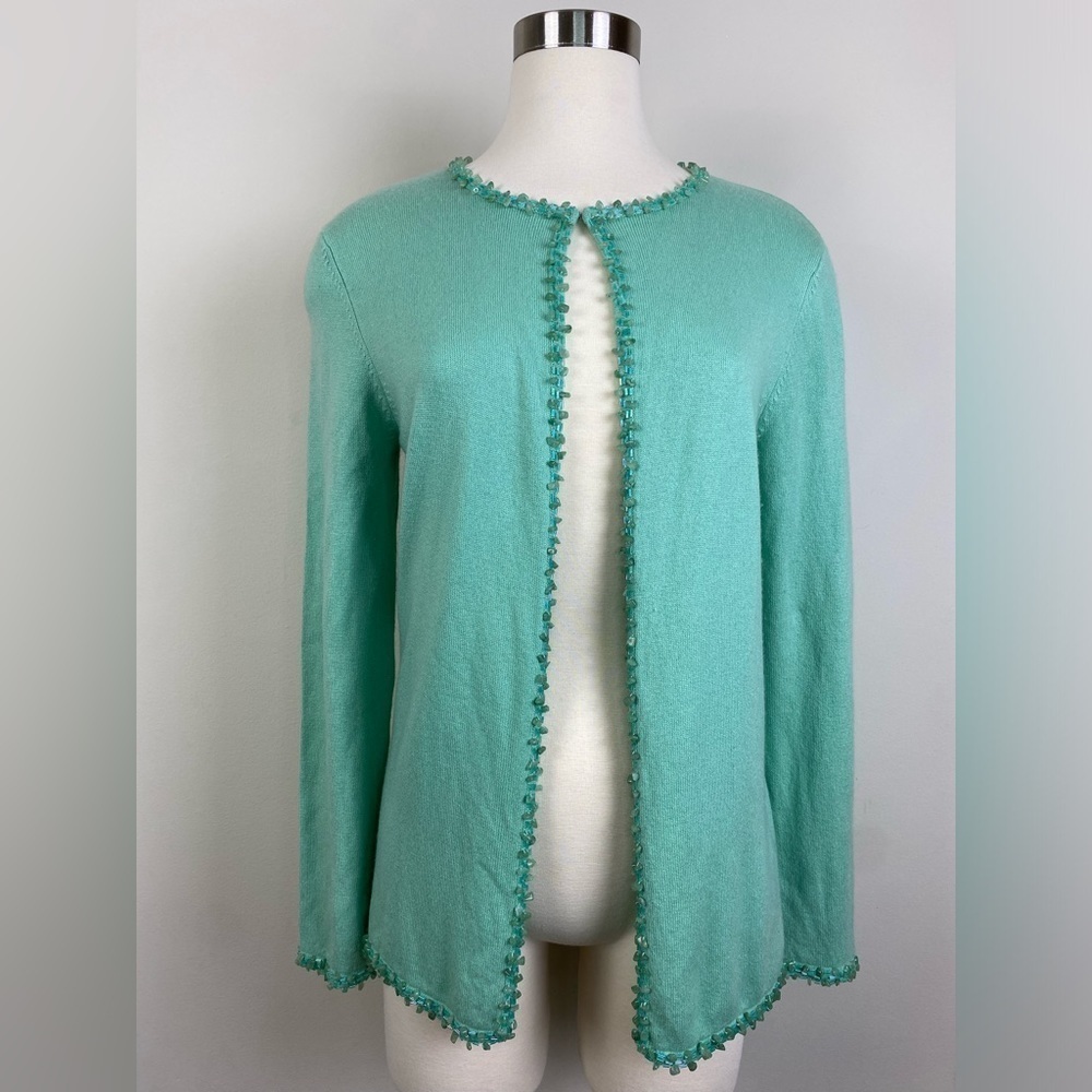 Doncaster Vintage Knit Cardigan Soft Green Silk Cashmere Blend Jade Beaded Sz‎ S